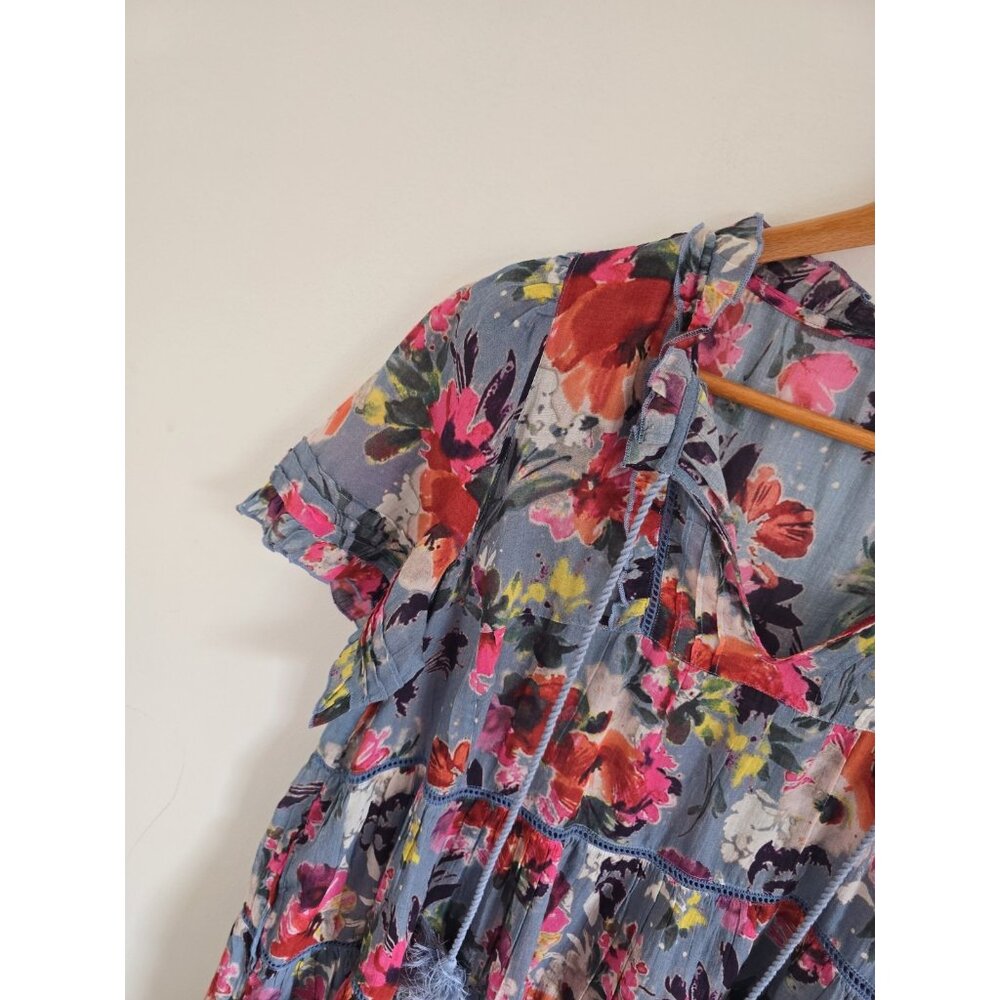 Sundance Annabelle Floral Blue Pink Cotton Dress XXL Short Sleeves Tassle Ruffle - Picture 11 of 11